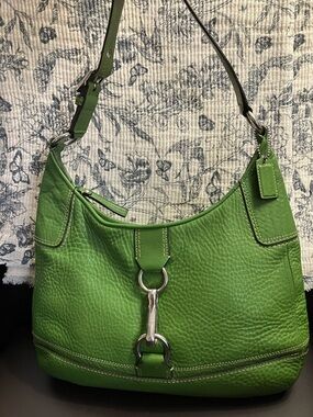 Coach Hamilton Green Pebbled Leather Shoulder Hobo Bag with Silver Hardware